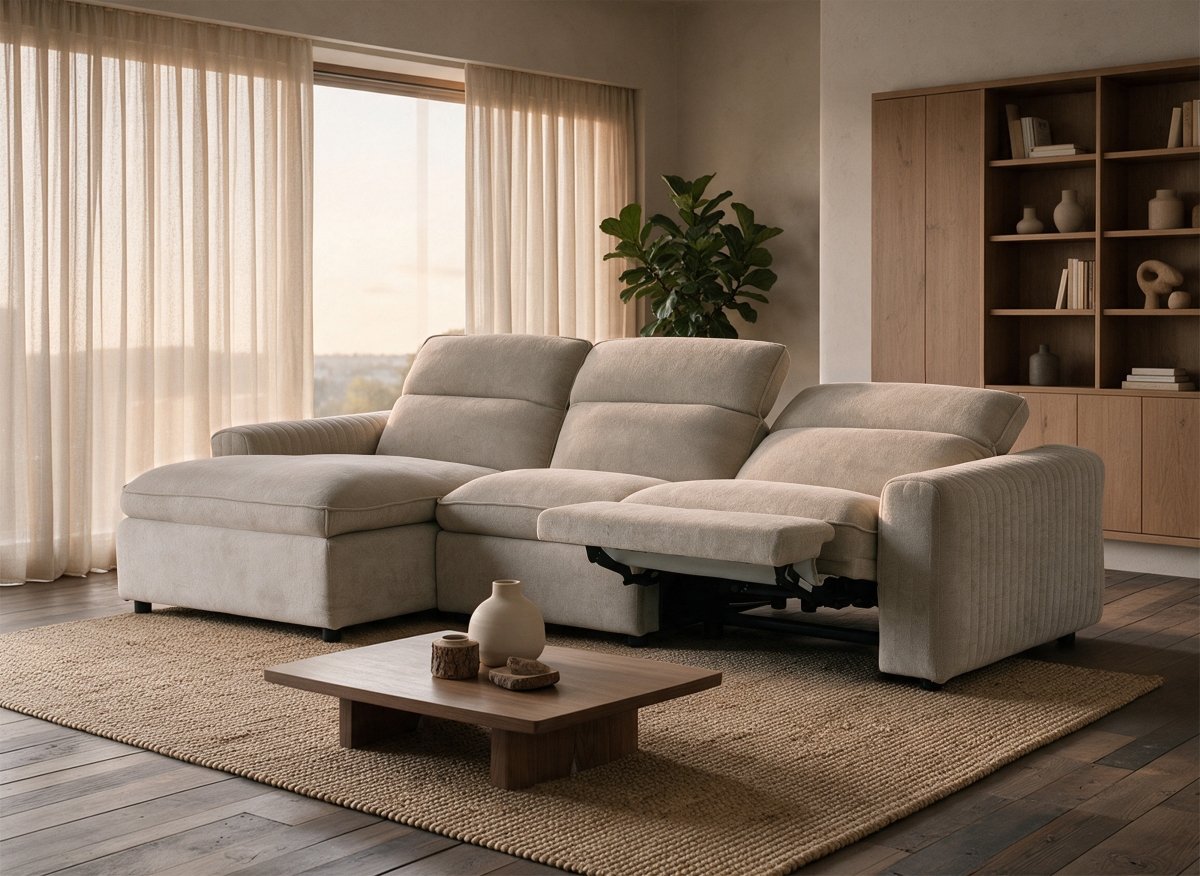 Canapé d'angle relax électrique en tissu beige ORELIA - Angle gauche - DécoInParis