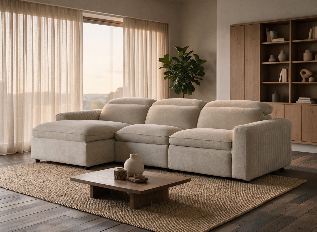 Canapé d'angle relax électrique en tissu beige ORELIA - Angle gauche - DécoInParis