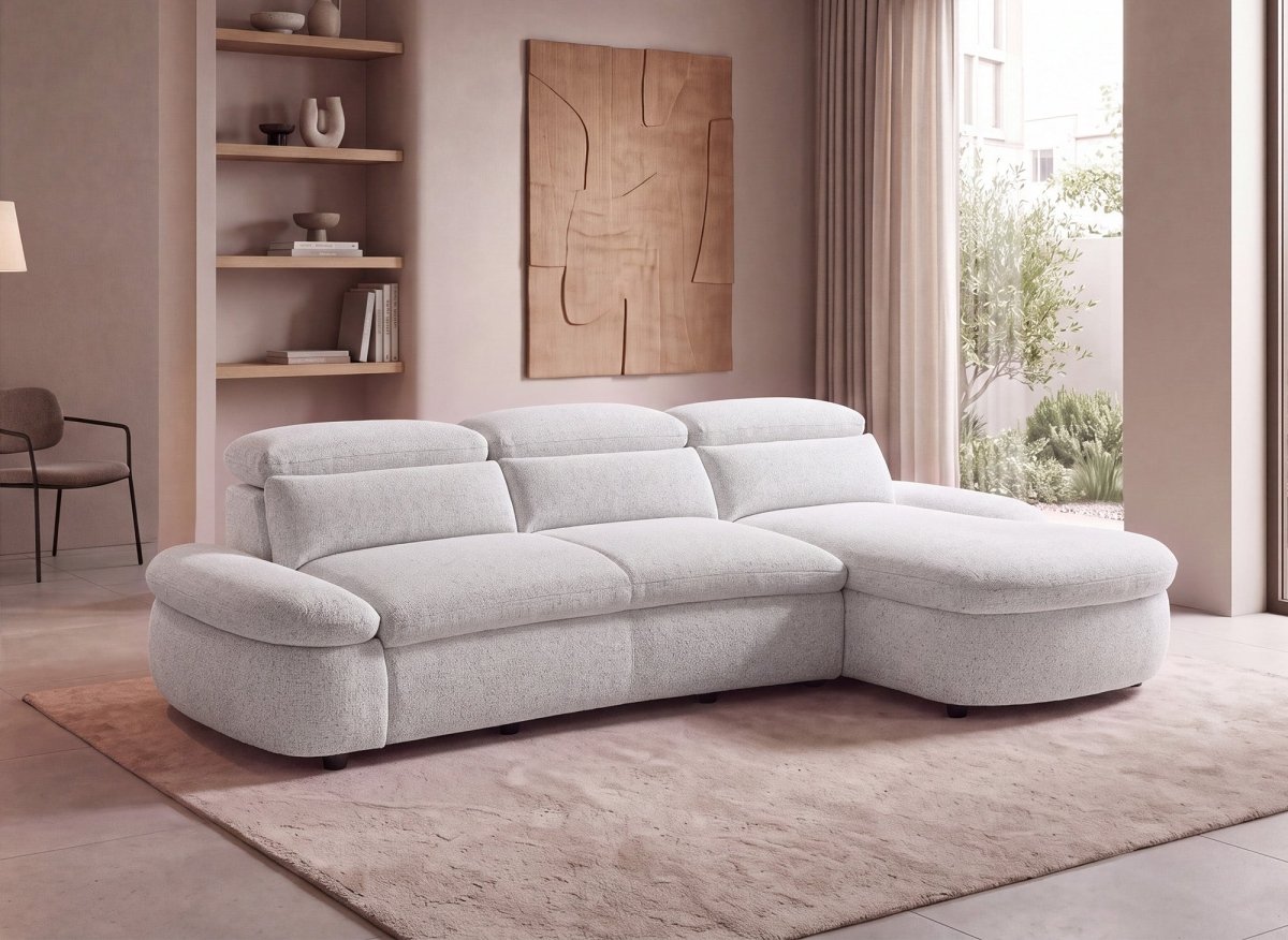 Divano angolare relax elettrico in tessuto spugna beige CLEMENT - Angolo retto - DécoInParis
