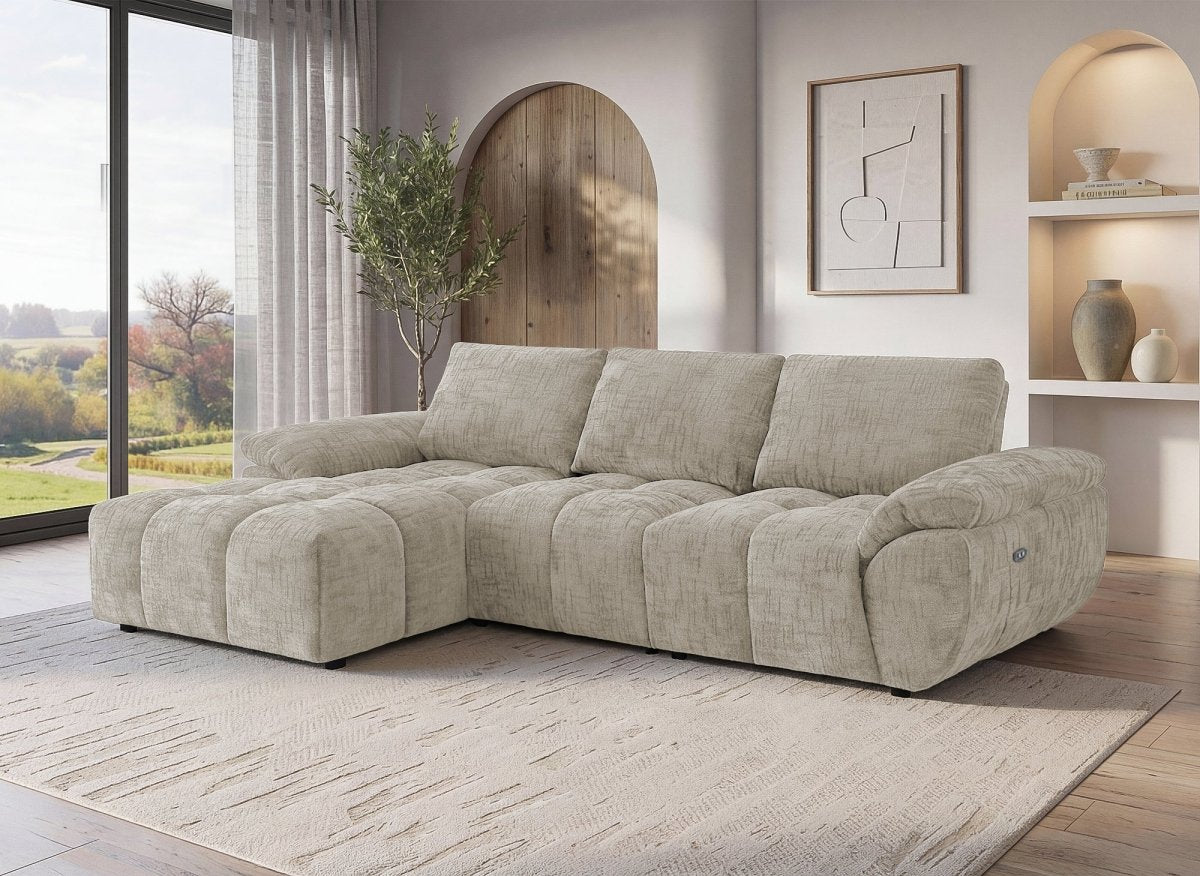 Canapé d’angle relax électrique en velours chiné taupe ALPES - Angle gauche - DécoInParis