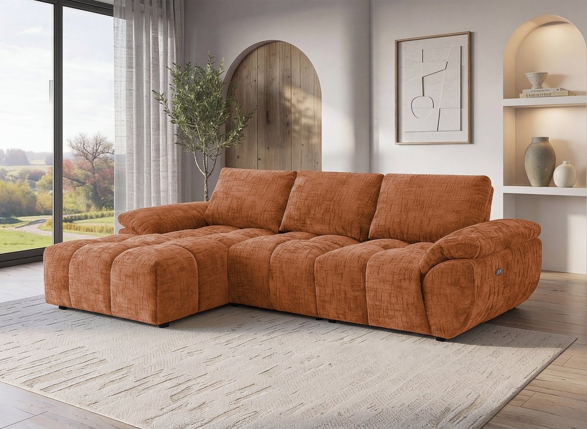 Canapé d’angle relax électrique en velours chiné terracotta ALPES - Angle gauche - DécoInParis