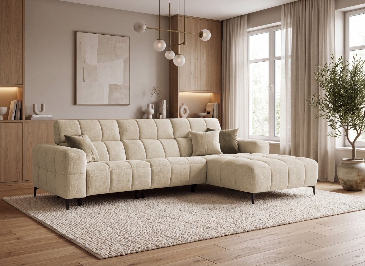 Canapé d'angle relax électrique en velours texturé taupe EDELMIRA - Angle droit - DécoInParis