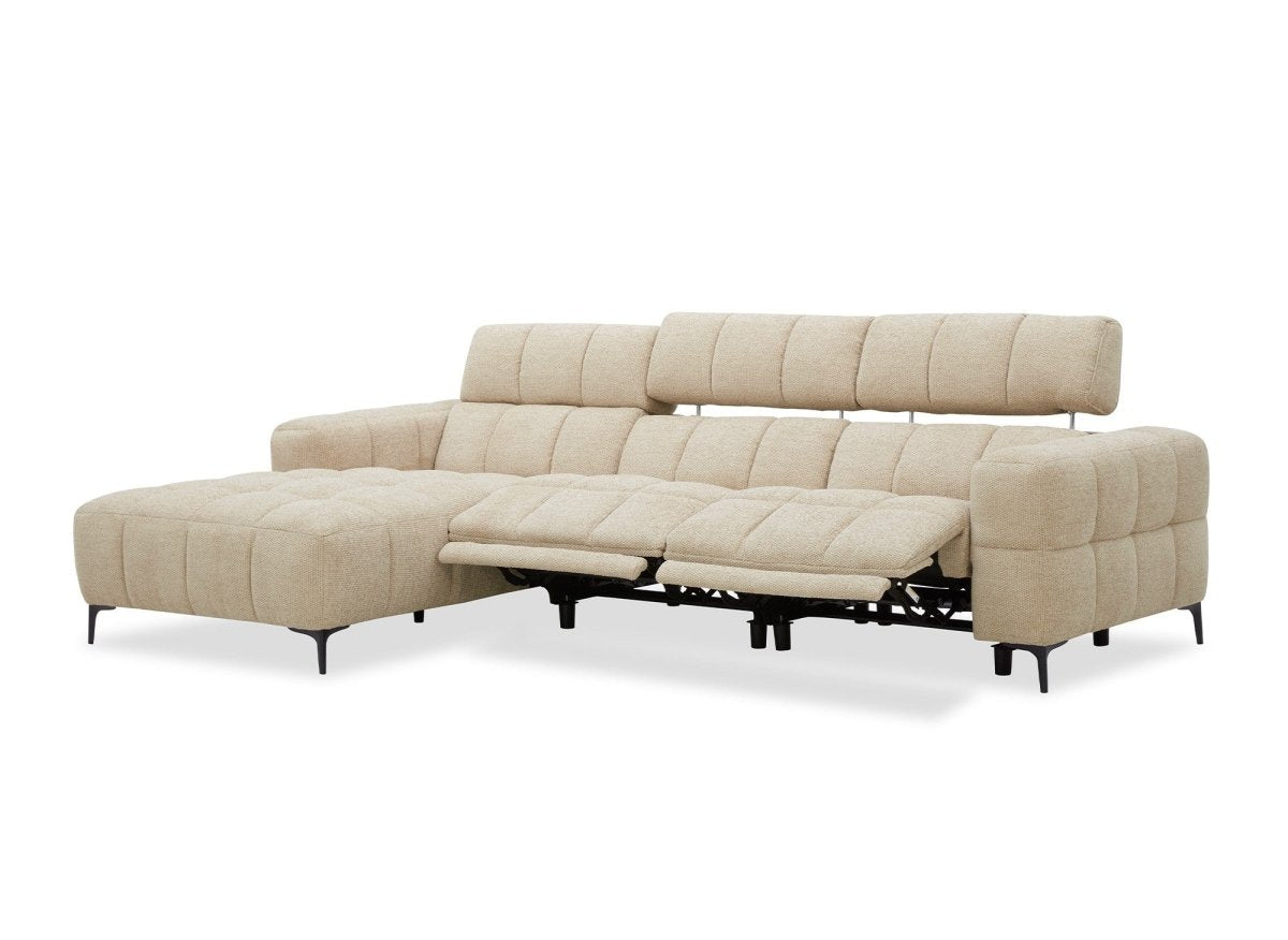 Canapé d'angle relax électrique en velours texturé taupe EDELMIRA - Angle gauche - DécoInParis
