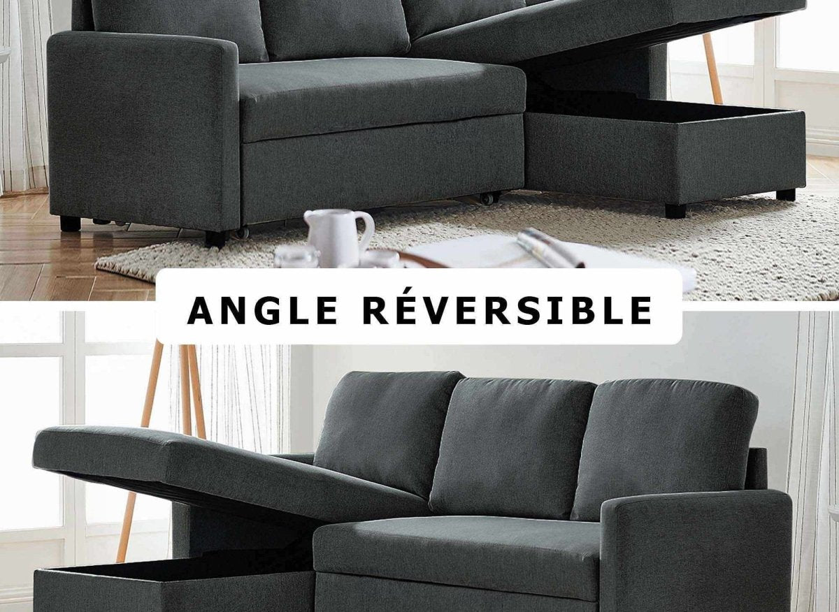 Canapé d'angle réversible convertible coffre de rangement en tissu gris anthracite ADAM - DécoInParis