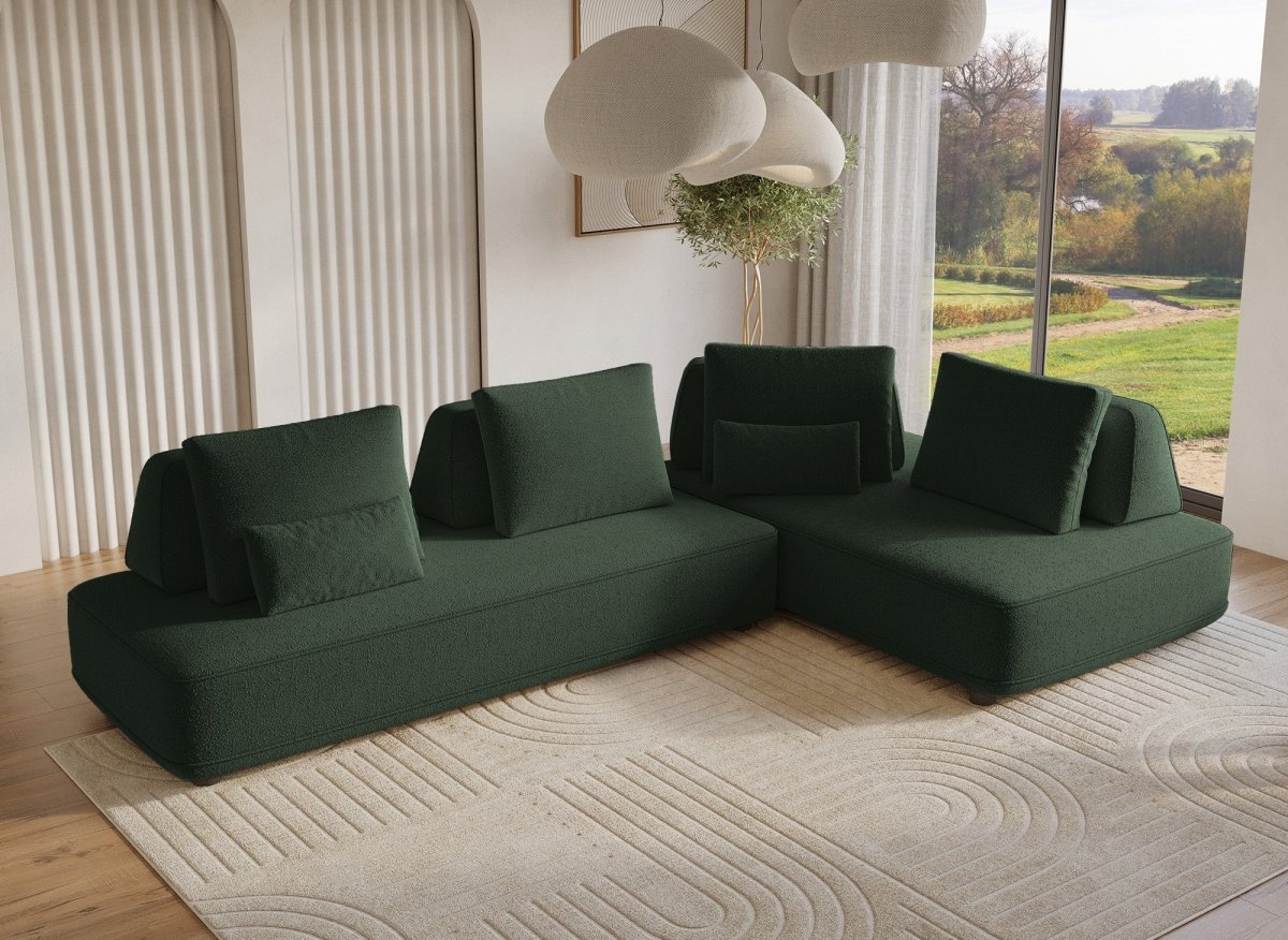 Canapé d'angle réversible en tissu bouclette vert kaki ISAORA - DécoInParis