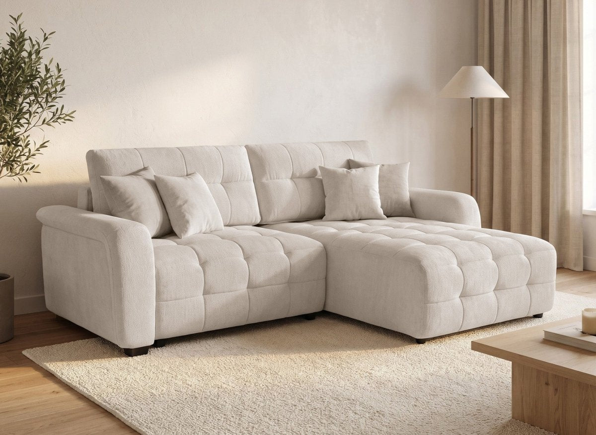 Canapé d'angle réversible et convertible avec coffres en velours tissé beige LAUREANE - DécoInParis