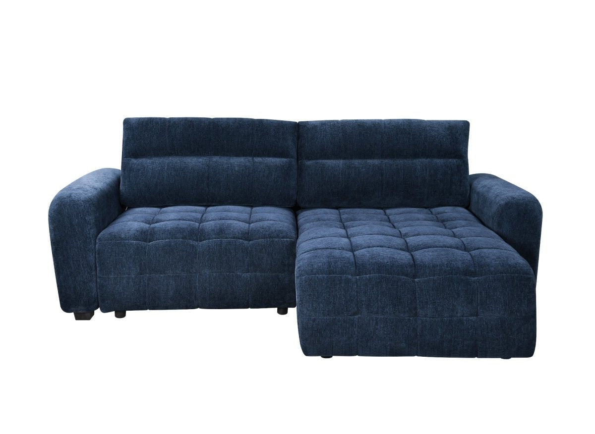Canapé d'angle réversible et convertible avec coffres en velours tissé bleu LAUREANE - DécoInParis