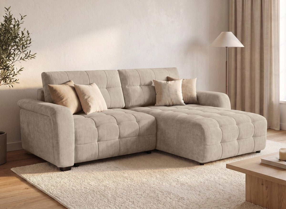 Canapé d'angle réversible et convertible avec coffres en velours tissé taupe LAUREANE - DécoInParis
