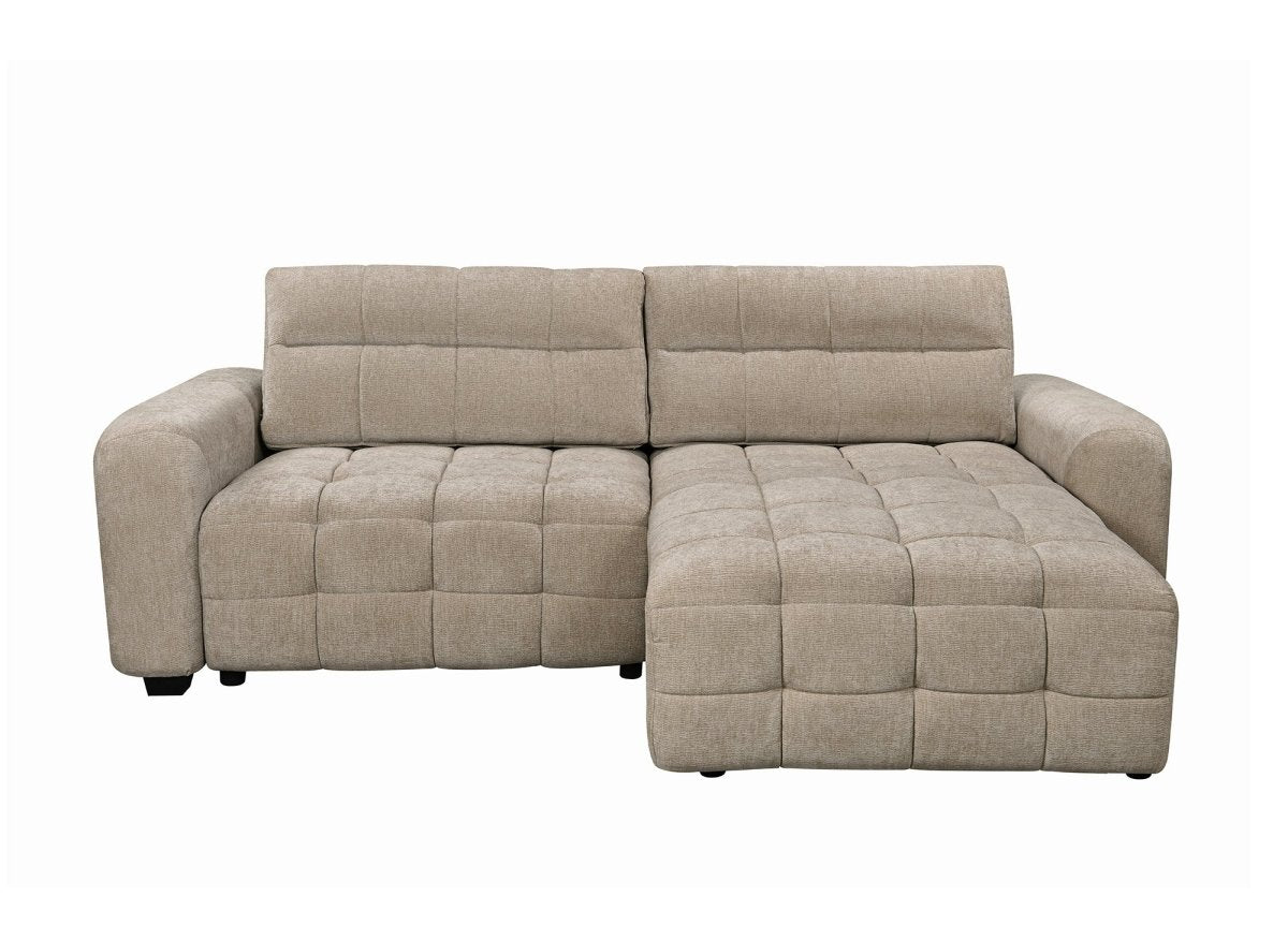 Canapé d'angle réversible et convertible avec coffres en velours tissé taupe LAUREANE - DécoInParis