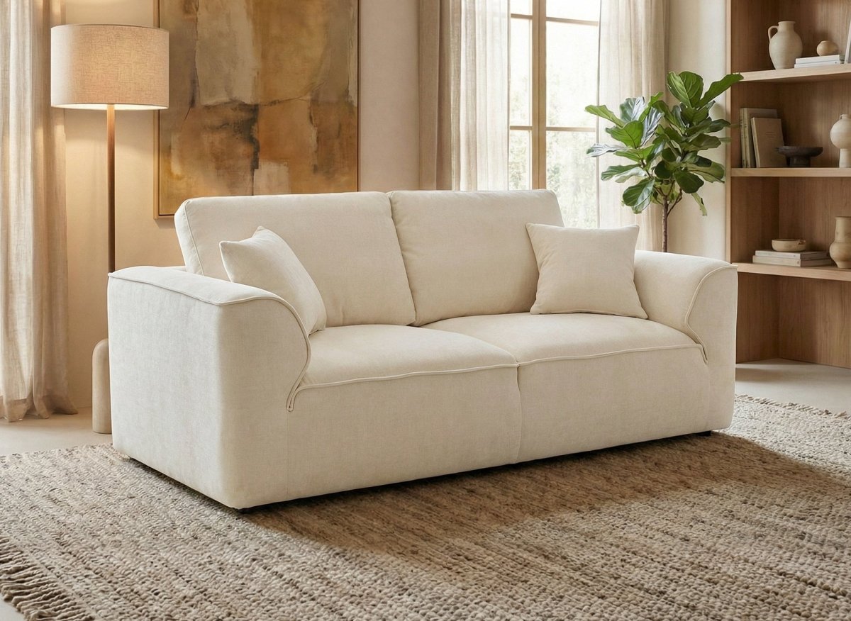 Canapé droit 3 places en velours chiné beige ABELIA - DécoInParis