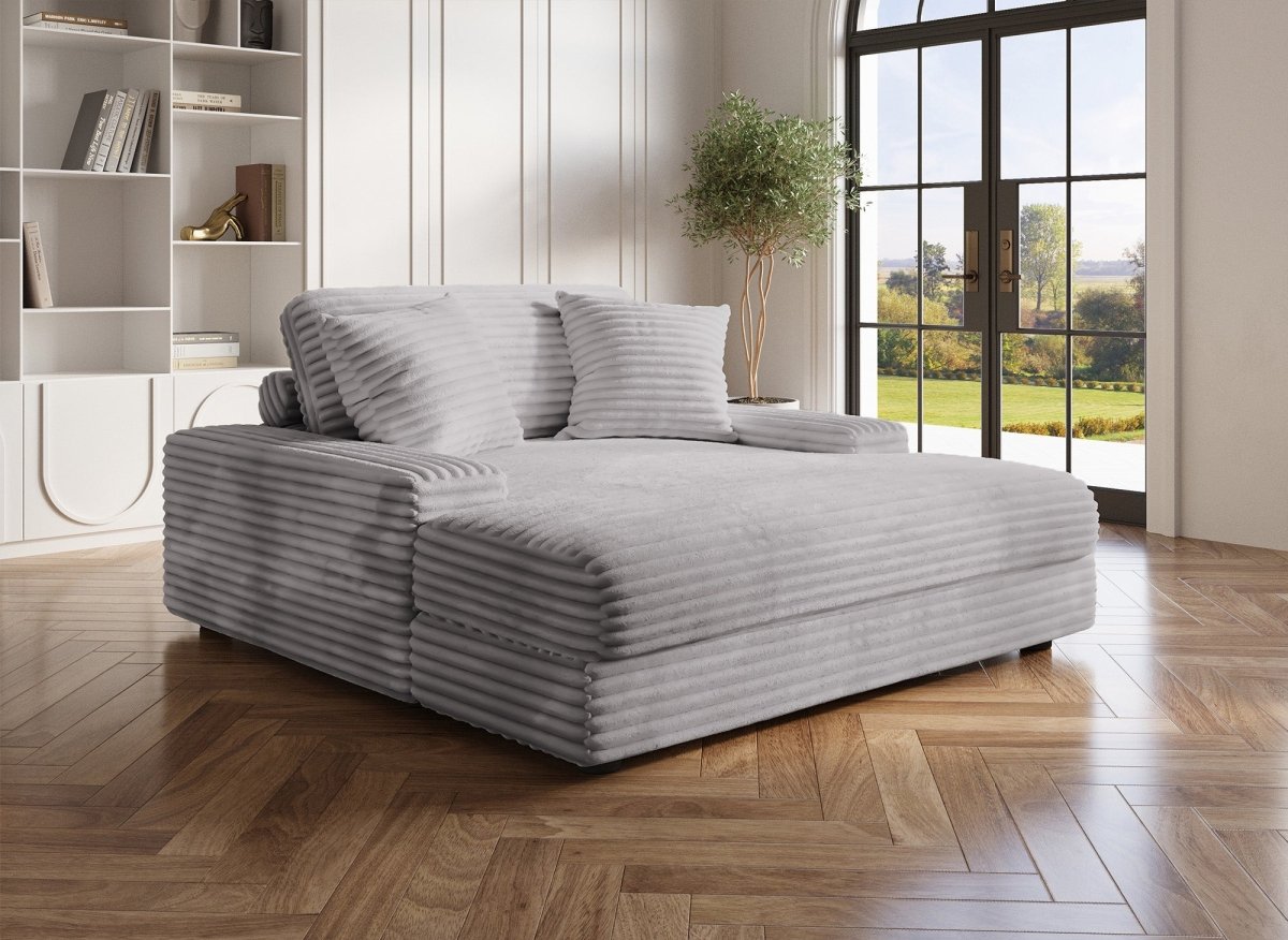 Canapé droit méridienne 1 place en velours gros côtelé gris DAHO - DécoInParis