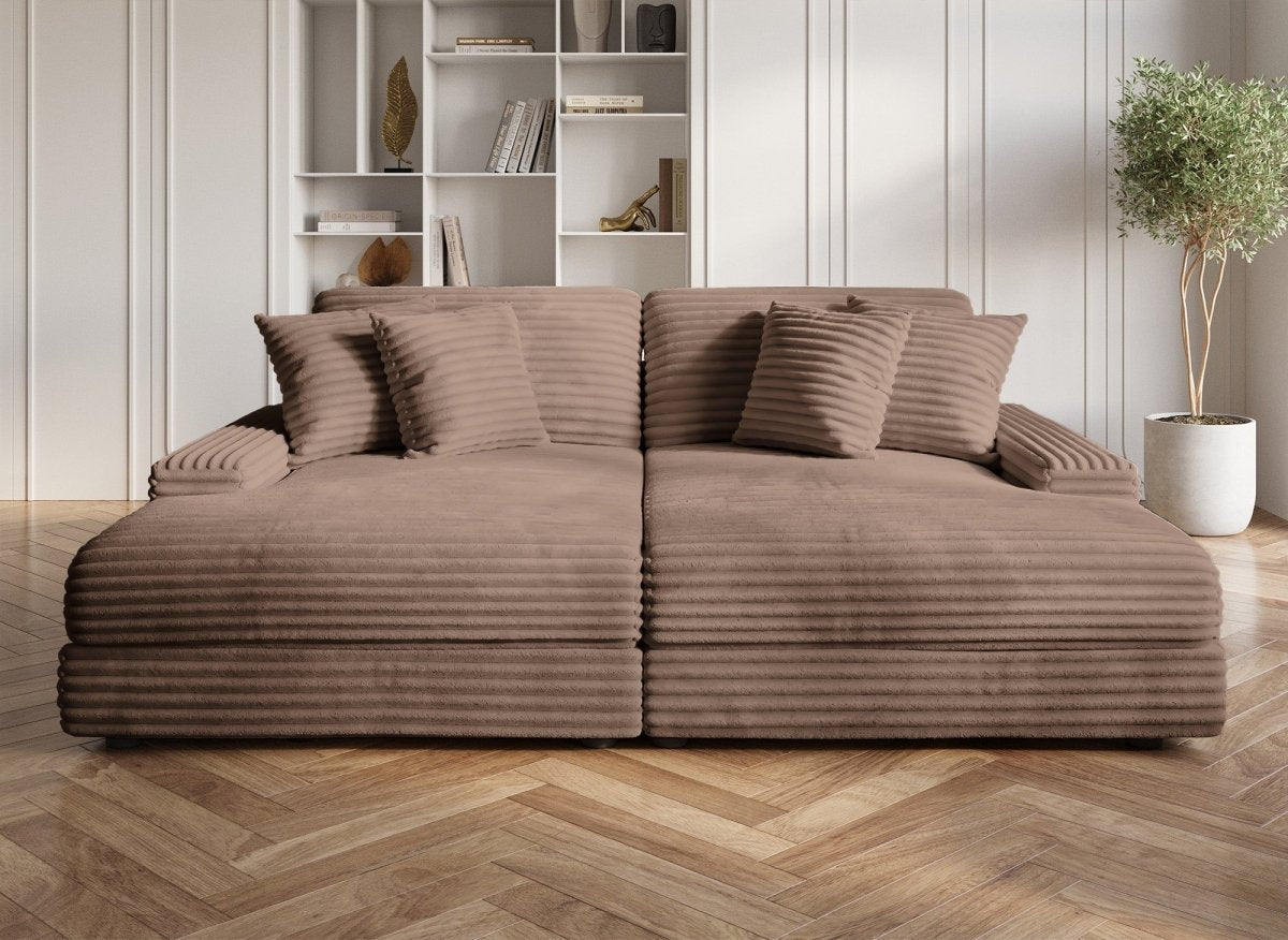 Canapé droit méridienne 2 places en gros côtelé doux taupe DAHO - DécoInParis