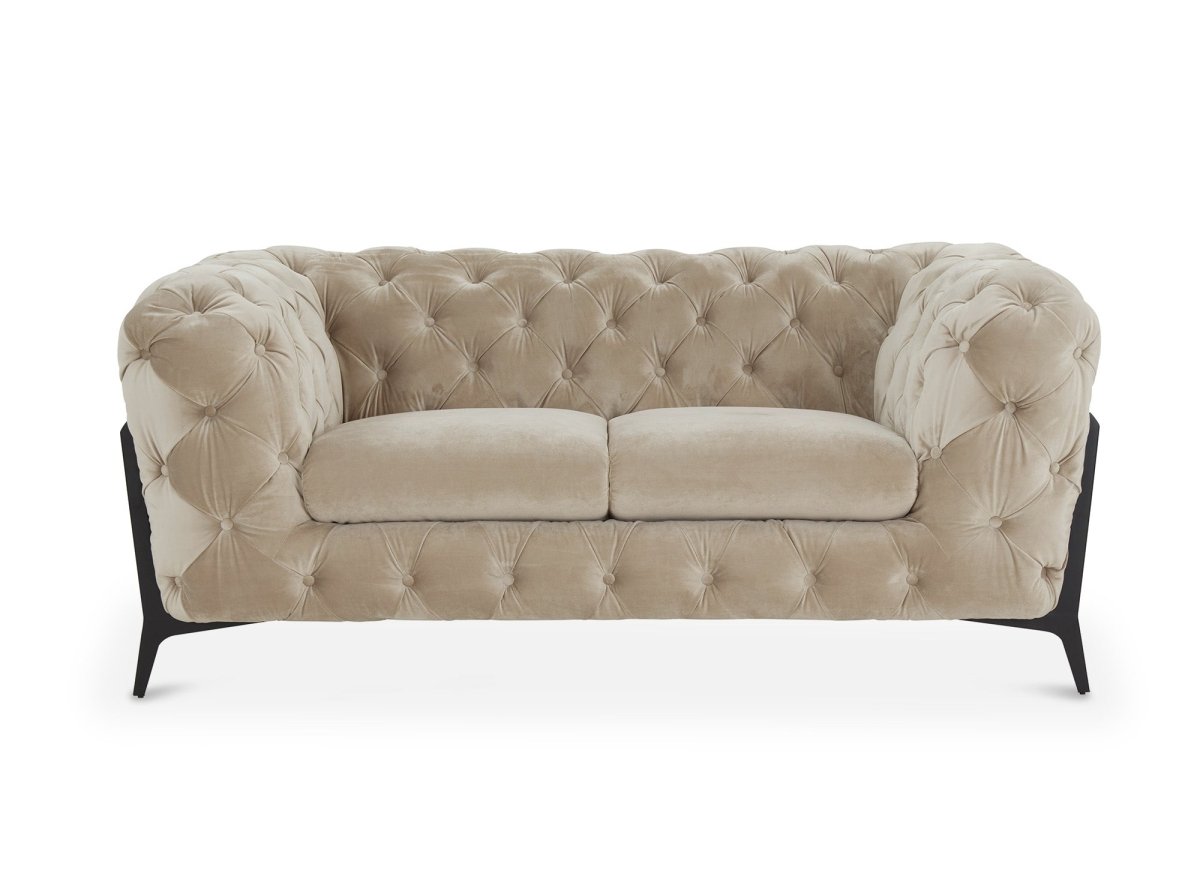 Canapé fixe 2 places capitonné chesterfield velours beige CARMEN - DécoInParis