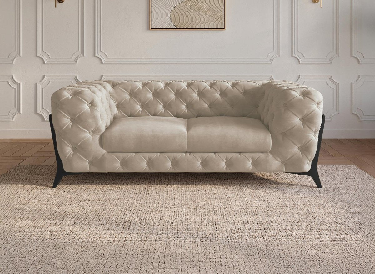 Canapé fixe 2 places capitonné chesterfield velours beige CARMEN - DécoInParis