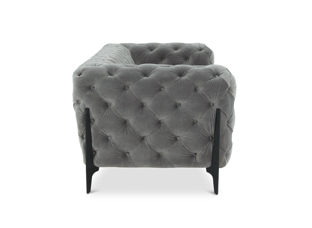 Canapé fixe 3 places capitonné chesterfield velours gris CARMEN - DécoInParis