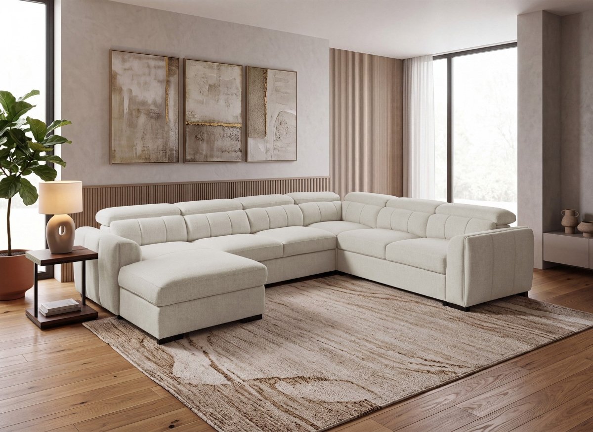 Divano panoramico trasformabile con cassapanca in tessuto spugna beige NAJAH - Angolo sinistro - DécoInParis