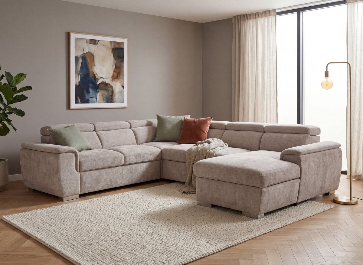 Canapé panoramique convertible avec coffre en velours chiné beige GAELLE - Angle droit - DécoInParis