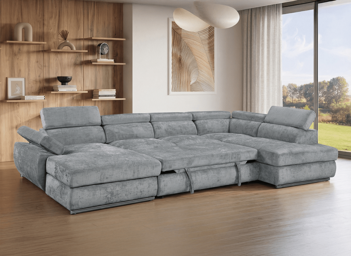 Canapé panoramique convertible avec coffre en velours chiné gris MARIANO - Angle gauche - DécoInParis