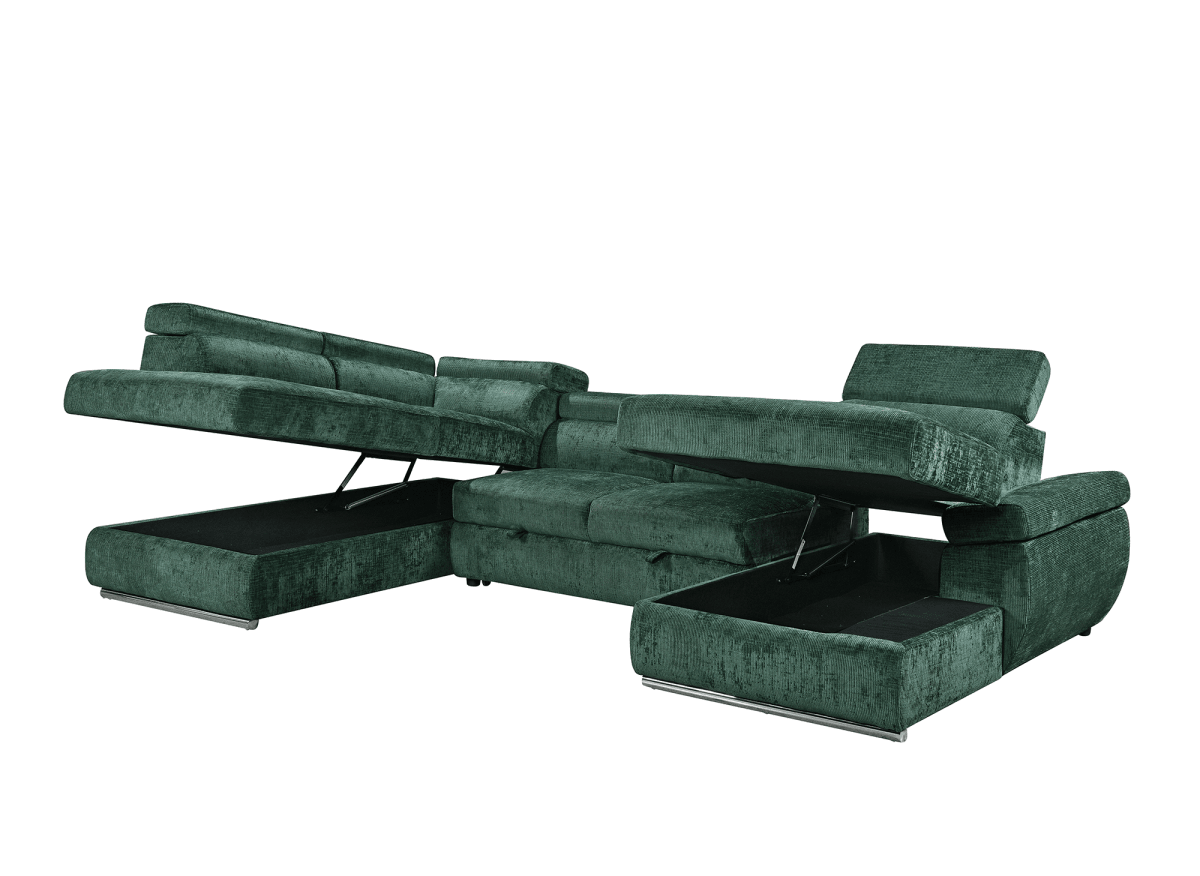 Canapé panoramique convertible avec coffre en velours chiné vert olive MARIANO - Angle droit - DécoInParis