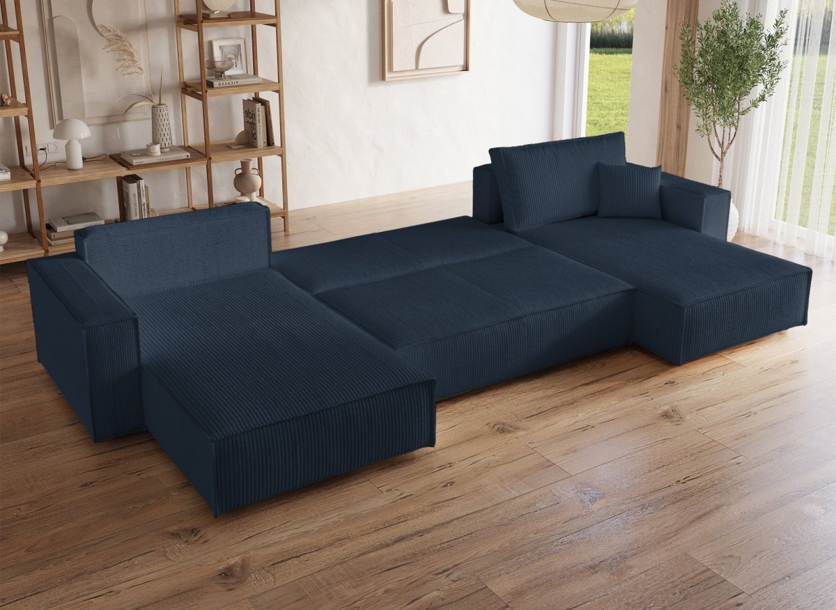 Canapé panoramique convertible avec coffre en velours cotelé bleu foncé - JADE - DécoInParis