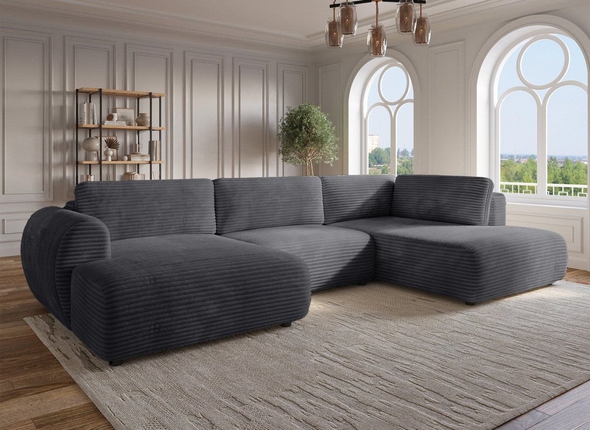 Canapé panoramique convertible avec coffre en velours gros côtelé gris TILDA - Angle droit - DécoInParis