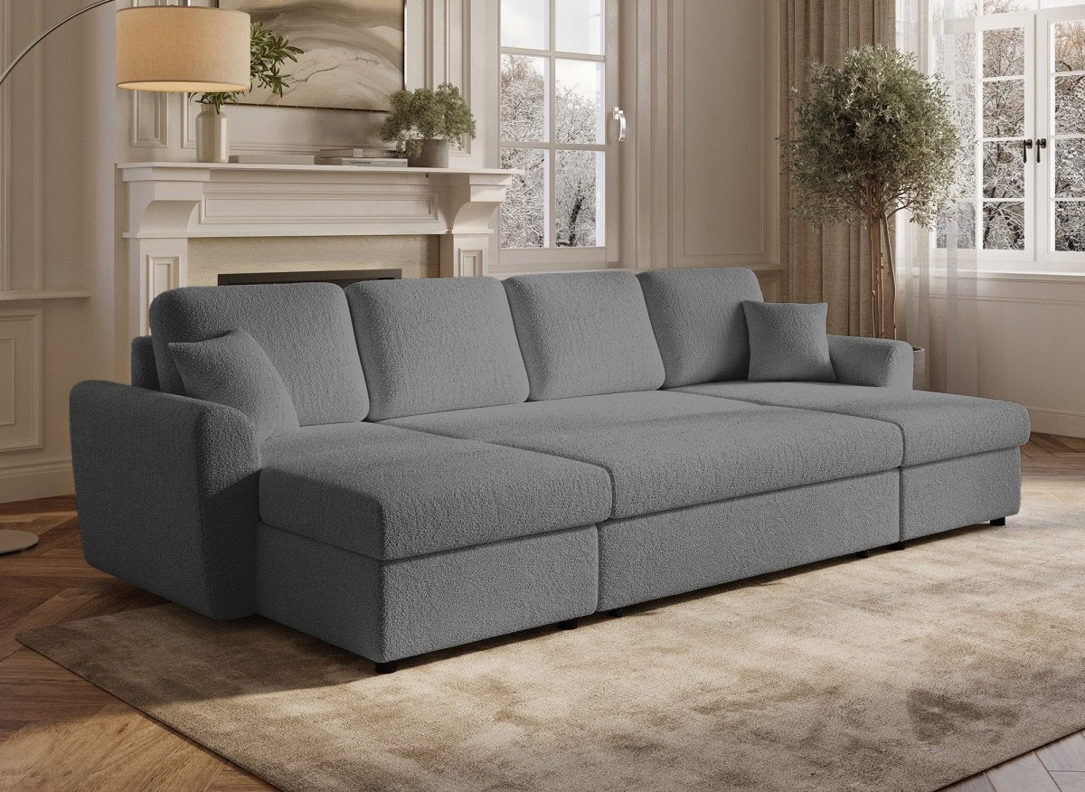 Canapé panoramique convertible avec coffres en tissu bouclette gris ADRYEN - DécoInParis