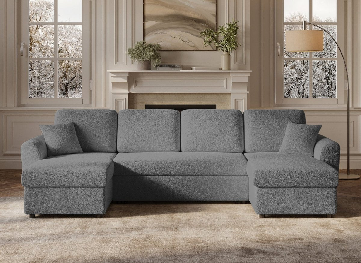 Canapé panoramique convertible avec coffres en tissu bouclette gris ADRYEN - DécoInParis
