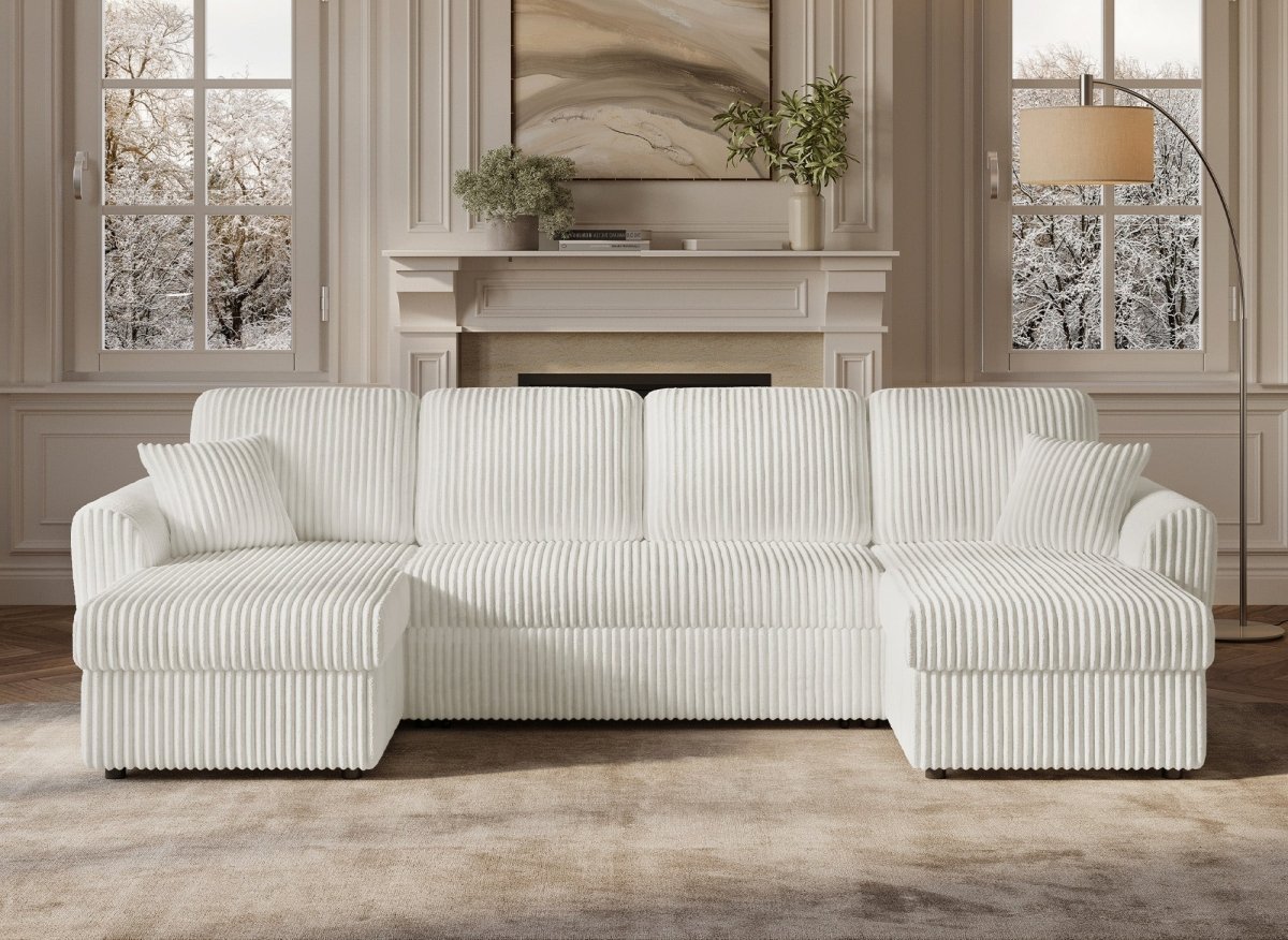 Canapé panoramique convertible avec coffres en velours côtelé épais beige ADRYEN - DécoInParis