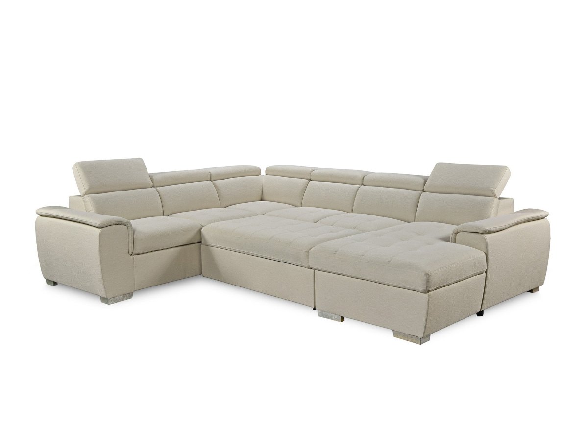 Canapé panoramique convertible coffre de rangement en tissu beige GAELLE - Angle Droit - DécoInParis