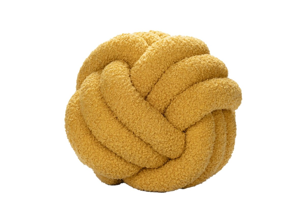 Coussin rond décoratif boule de nœud en effet peau de mouton jaune moutarde NODUS - DécoInParis