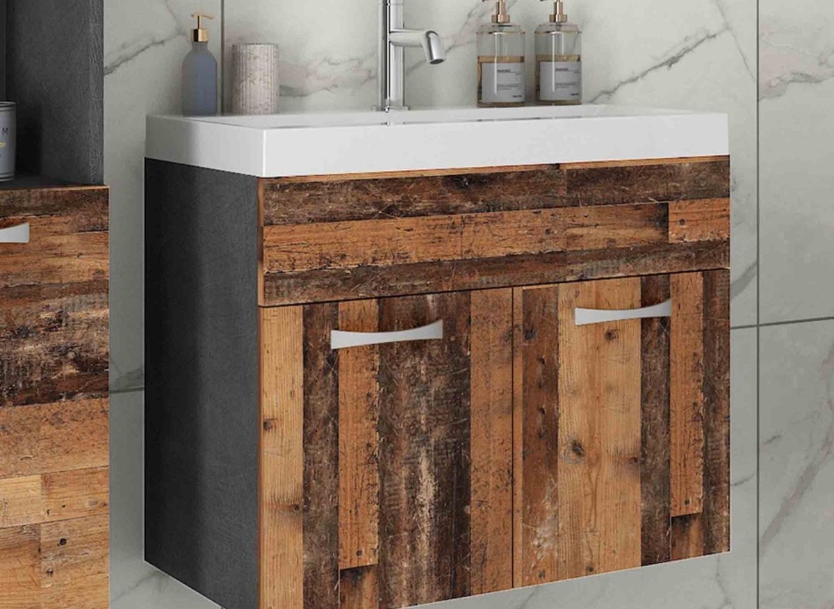 Ensemble meubles salle de bain design suspendu - Gris foncé et chêne vieilli HARMONY - DécoInParis