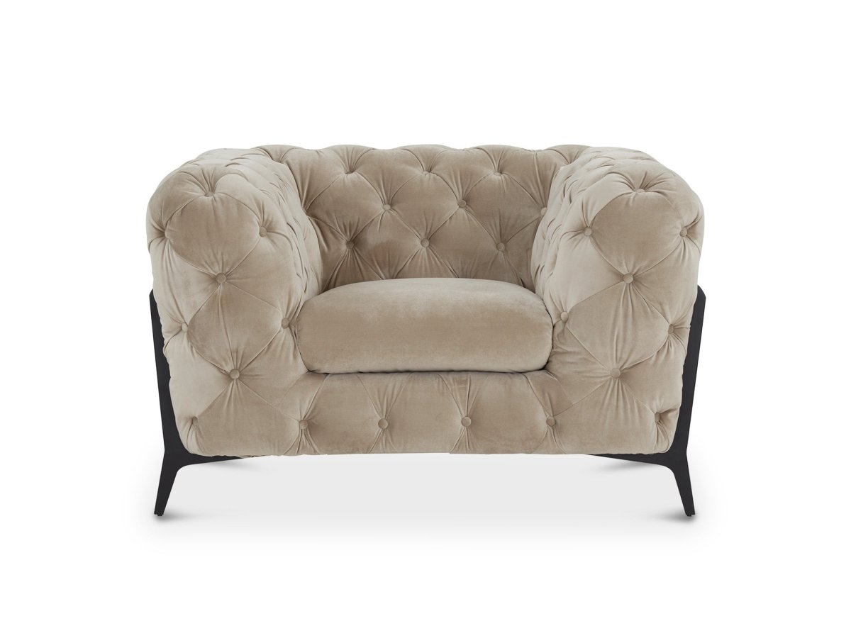 Fauteuil capitonné chesterfield velours beige CARMEN - DécoInParis