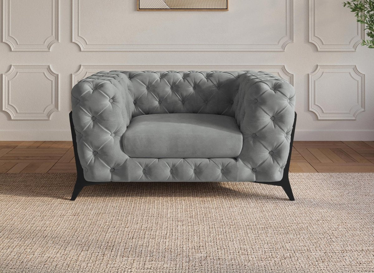 Fauteuil capitonné chesterfield velours gris CARMEN - DécoInParis