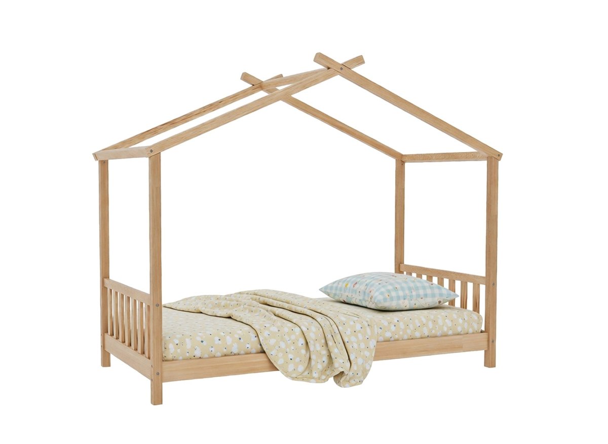 Lit cabane NIDOU bois vu de face, toit en maison et barreaux
