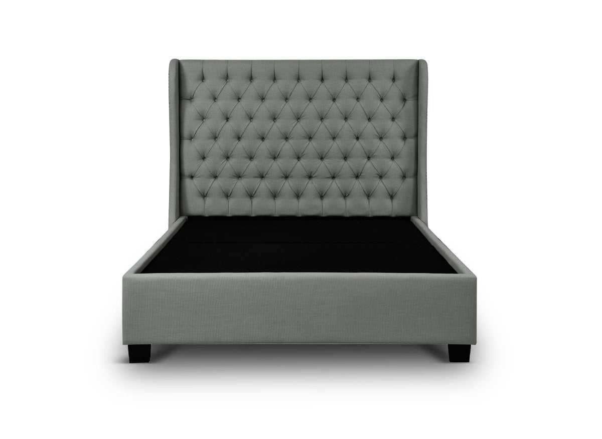 Lit coffre capitonné en tissu lin gris FLORINE 180 x 200 cm - DécoInParis