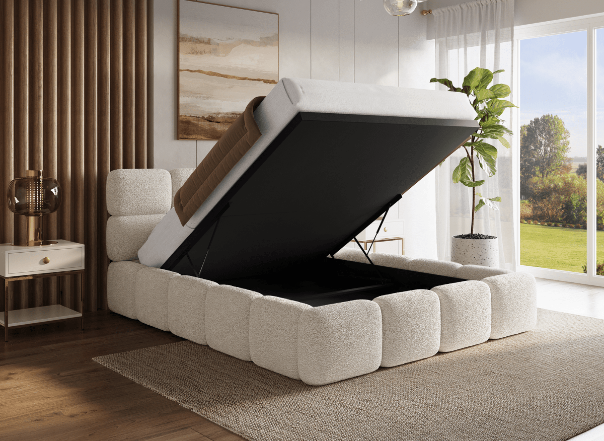 Lit coffre en tissu bouclette beige 140x190 cm BUBBLE - DécoInParis