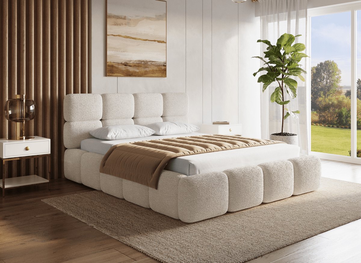 Lit coffre en tissu bouclette beige 140x190 cm BUBBLE - DécoInParis