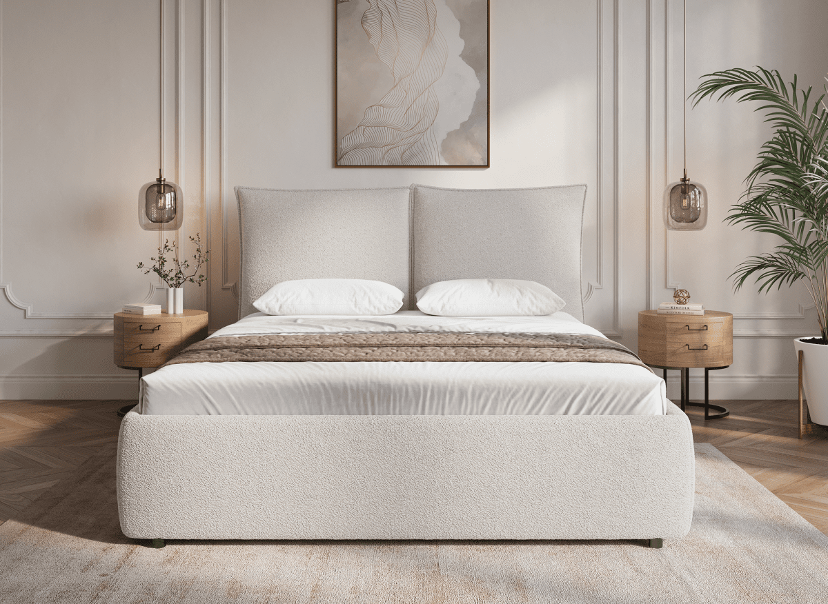 Lit coffre en tissu bouclette beige 140x190 cm MELY - DécoInParis