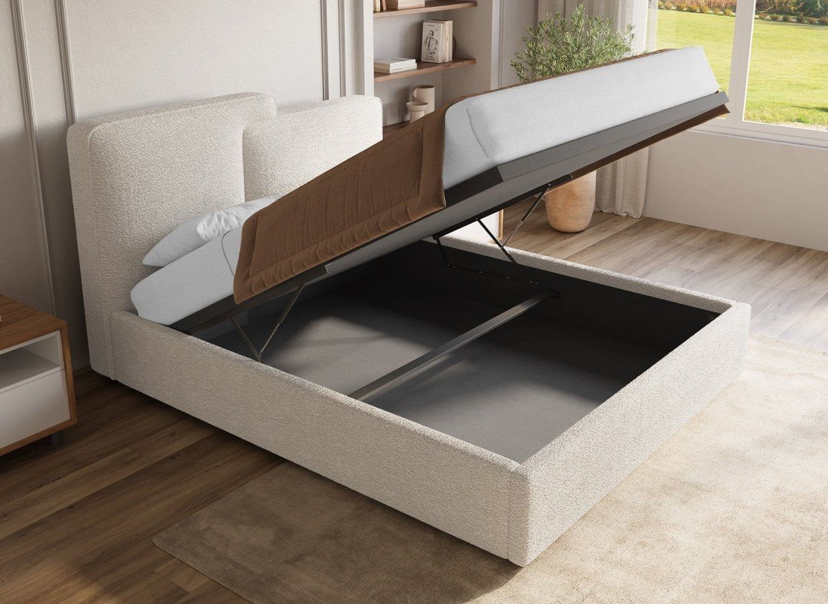 Lit coffre en tissu bouclette beige 160x200 cm ZELIA - DécoInParis