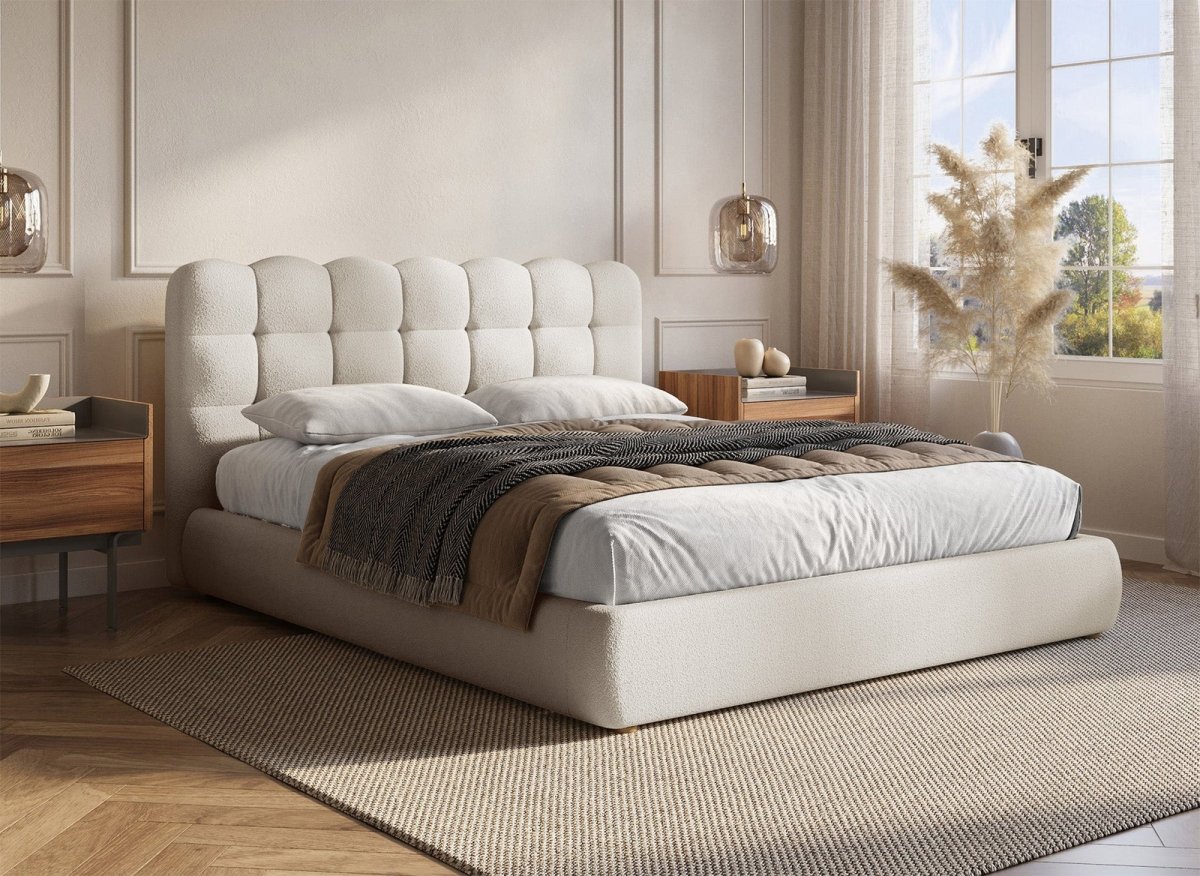 Lit coffre en tissu bouclette beige 180x200 cm BISCUIT - DécoInParis