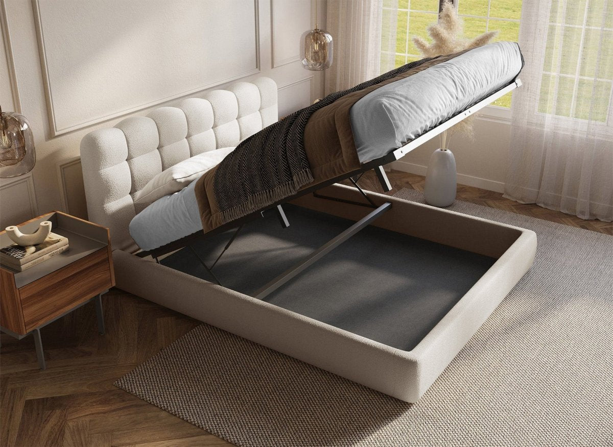 Lit coffre en tissu bouclette beige 180x200 cm BISCUIT - DécoInParis