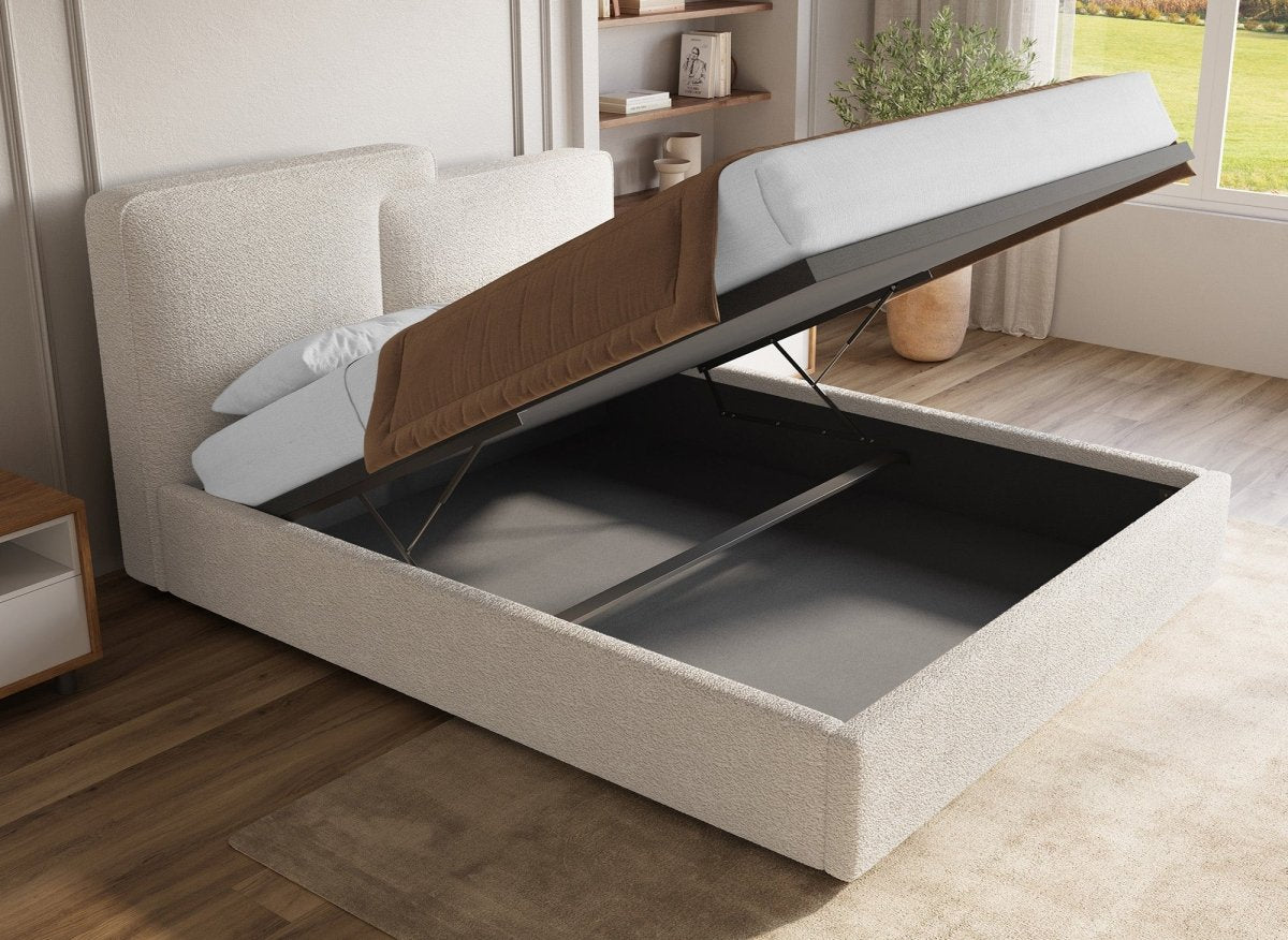 Lit coffre en tissu bouclette beige 180x200 cm ZELIA - DécoInParis