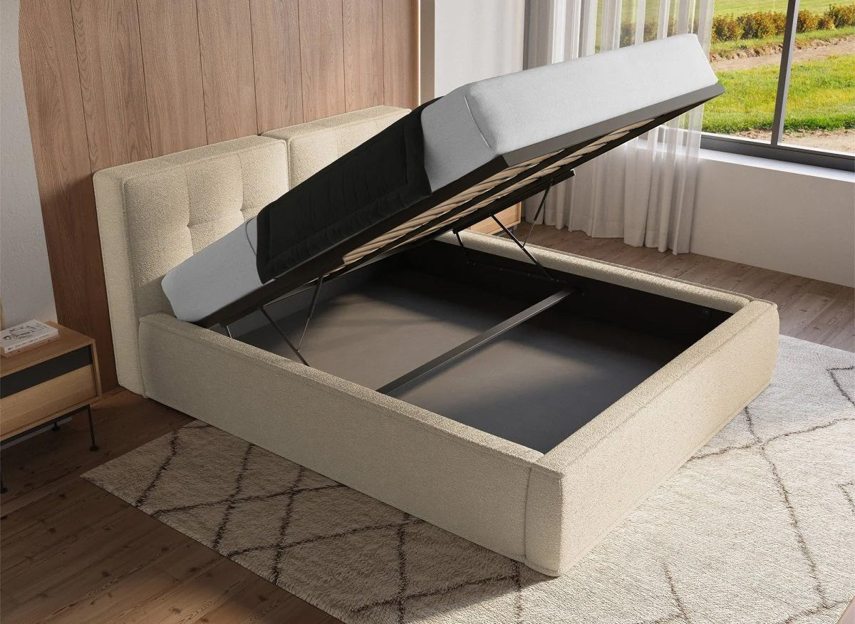 Lit coffre en tissu bouclette beige 180x200cm YUNA - DécoInParis