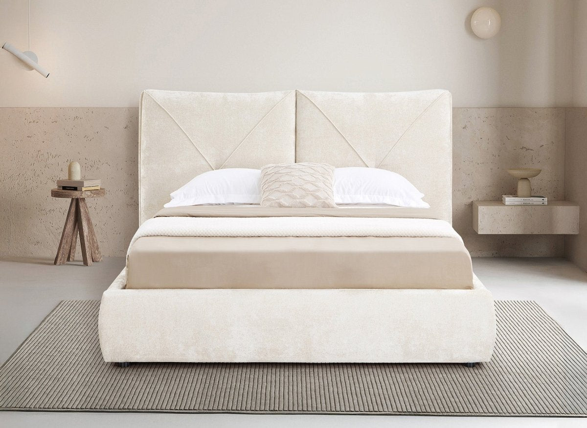Lit coffre en tissu bouclette doux beige 140x190 cm NOAH - DécoInParis