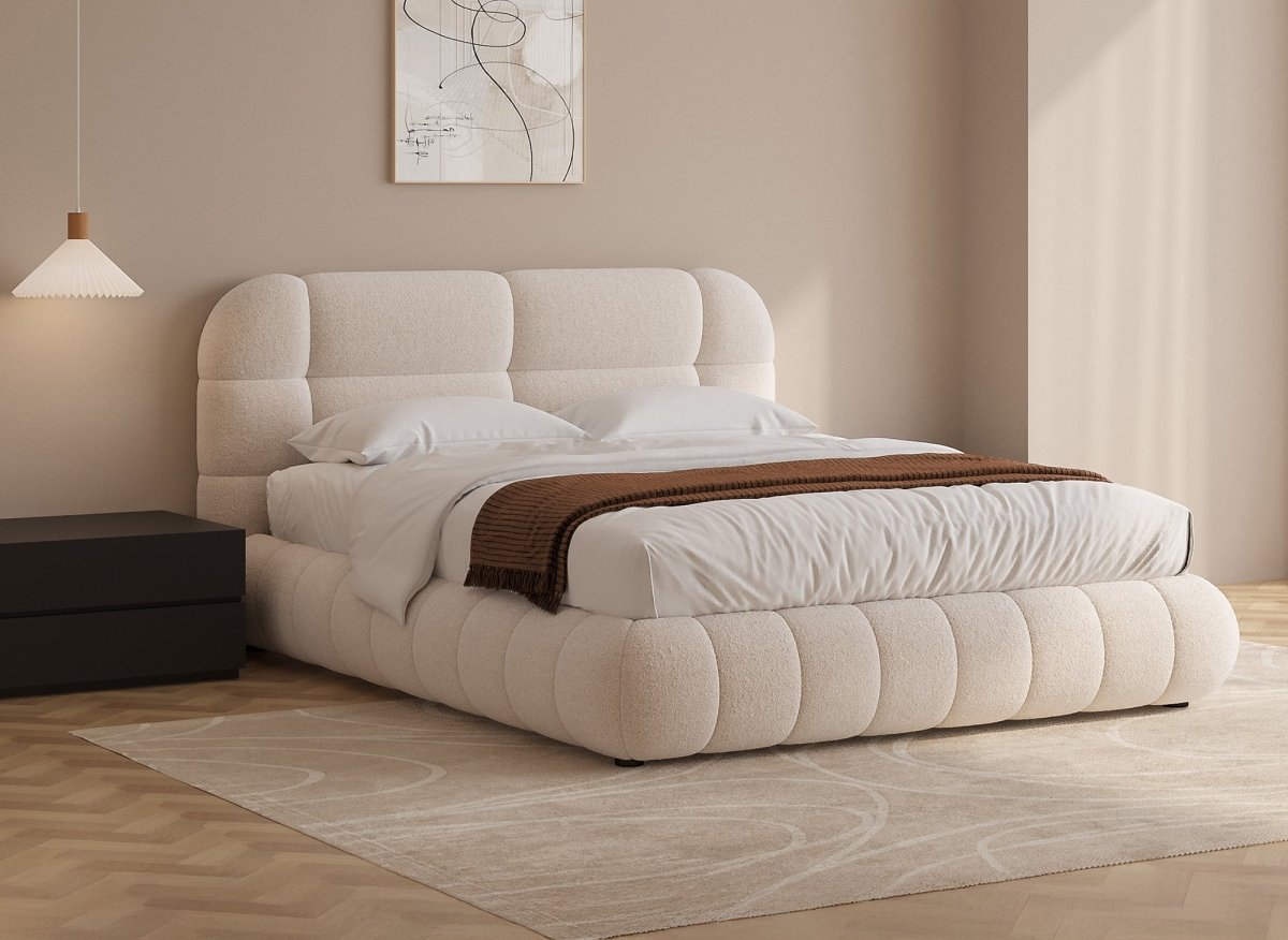 Lit coffre en tissu bouclette écru 140x190 cm YOURI - DécoInParis