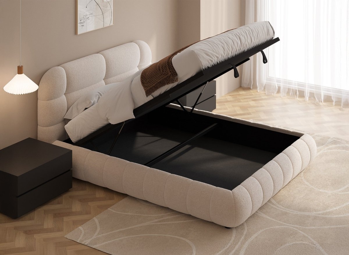 Lit coffre en tissu bouclette écru 180x200 cm YOURI - DécoInParis