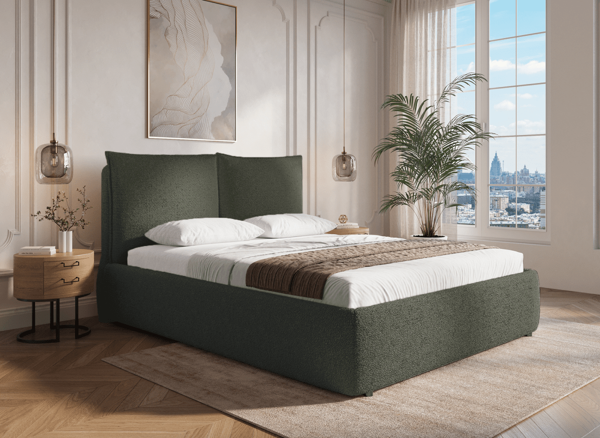 Lit coffre en tissu bouclette vert olive 160x200 cm MELY - DécoInParis