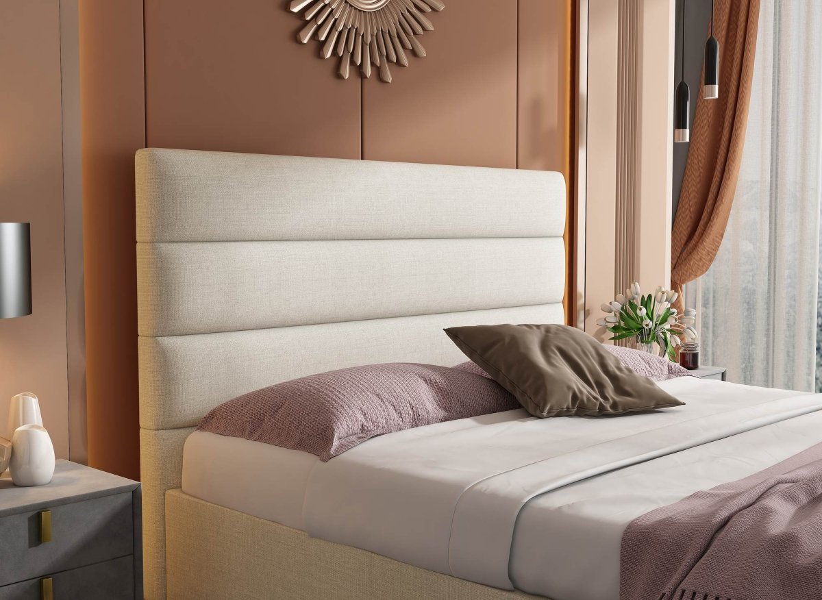 Lit coffre en tissu lin beige 140 x 190 cm SHANNA - DécoInParis