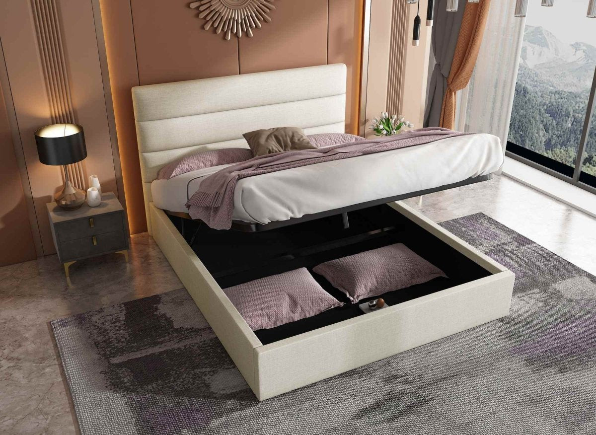 Lit coffre en tissu lin beige 140 x 190 cm SHANNA - DécoInParis