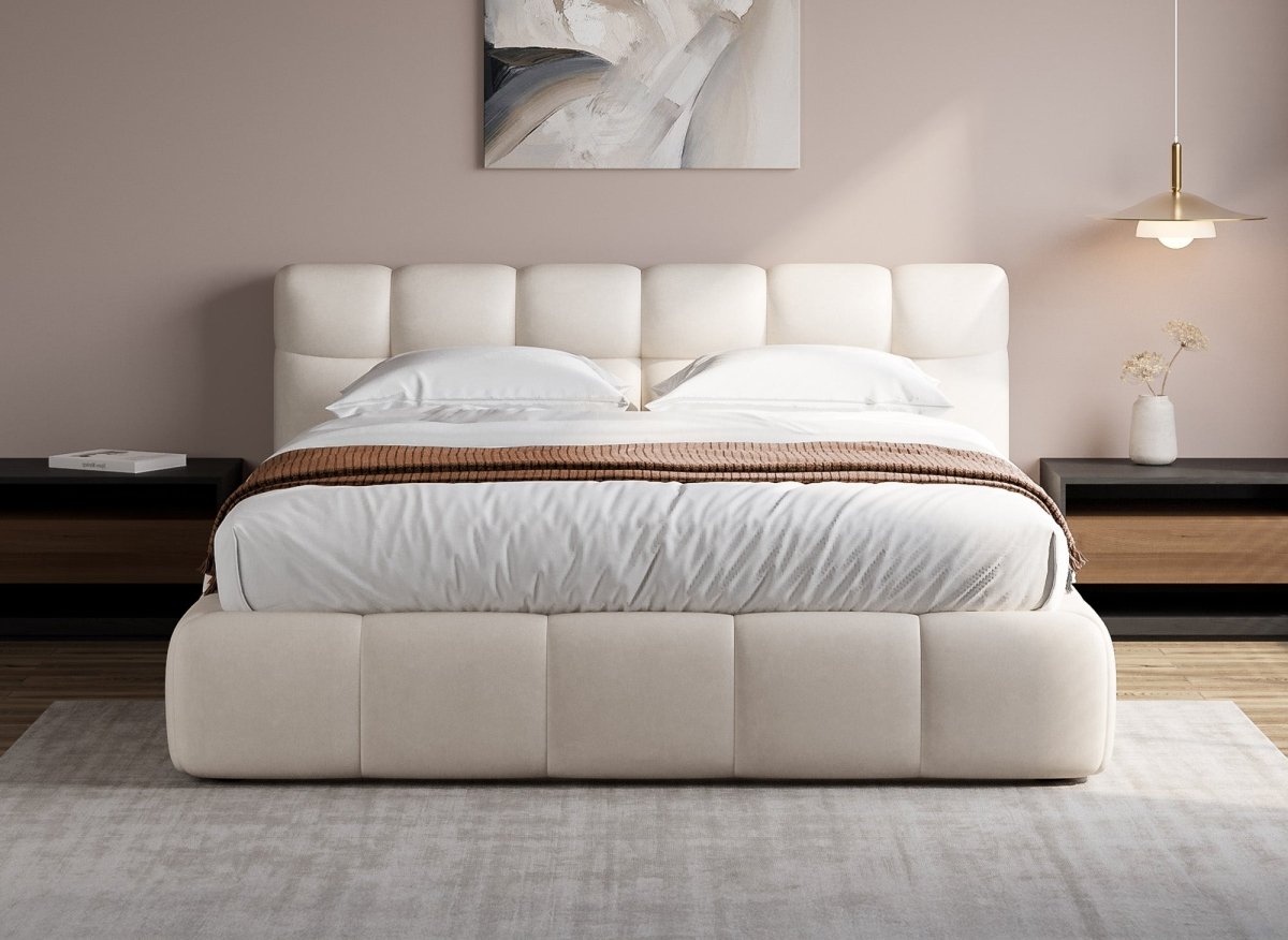 Lit coffre en velours beige 140x190 cm GEORGINA - DécoInParis